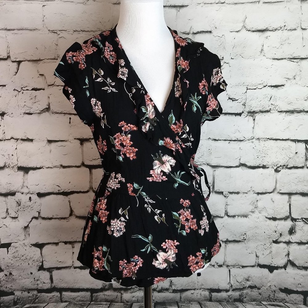 Blue Rain Black Floral Tie-around Blouse sz M